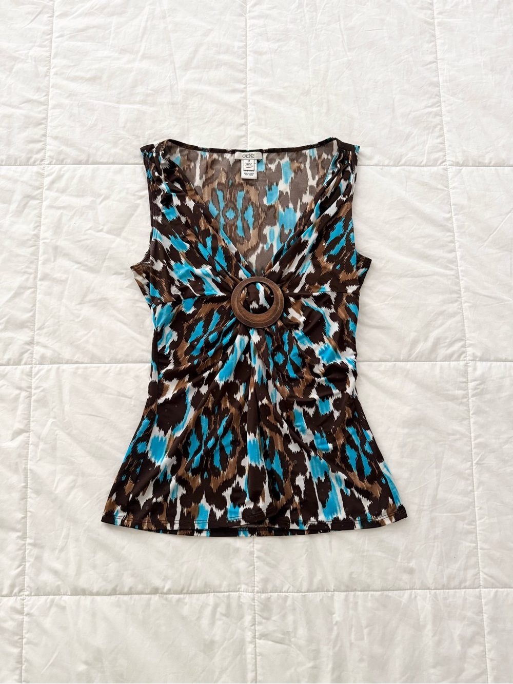 Vintage Y2K Caché Brown and Turquoise Geometric O-Ring Top